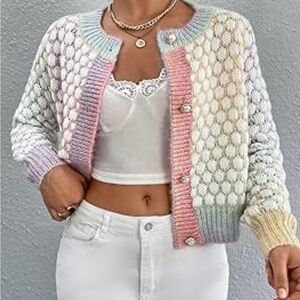 Pastel Multicolor Women's Sweater Bubble Knit Cardigan Sweater Pearl Button M